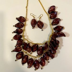 Purple glass beaded statement necklace and earrings